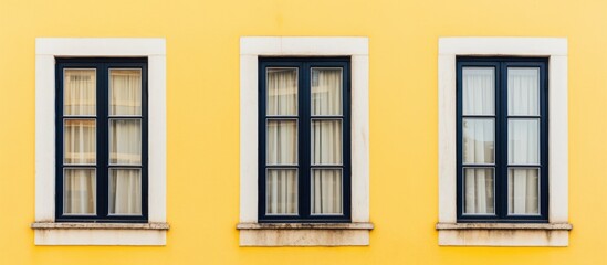 Fototapeta na wymiar Three rectangular windows with amber tints are fixtures on the symmetrical facade of a yellow building with white trim. The composite material used for the windows adds to the overall aesthetic