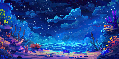 Night anime ocean, retro video game style graphics sea view background, generated ai