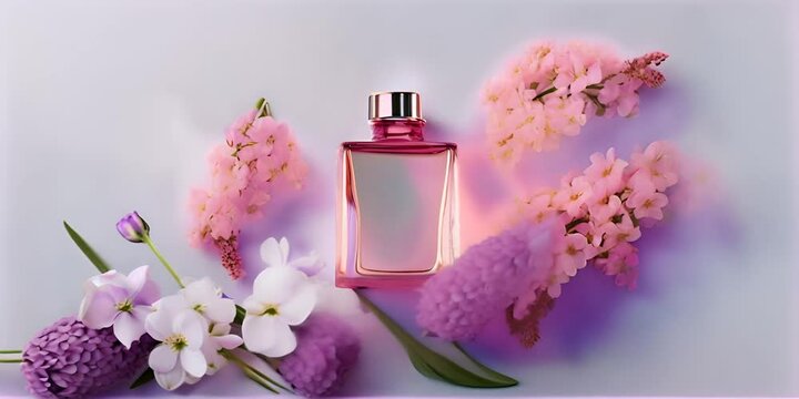lay flat space copy and view top treatment body care skin aromatherapy spa background pastel pink over flowers lilac with jar creme and concept scent floral bottle perfume