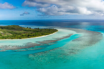 Aerial view of beautiful coral reef at Seychelles, La Digue island