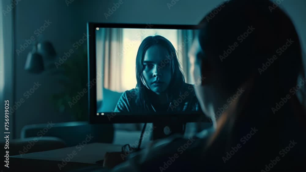 Poster the camera focuses on a persons reflection in their computer screen as they participate in a group t