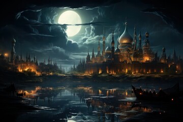 Modern Background Ramadan Mubarak With Mosque An evening mosque with a crescent moon