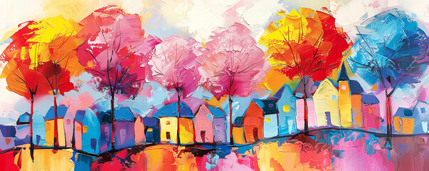 Colorful trees . Art horizontal banner with cozy street, cute houses.