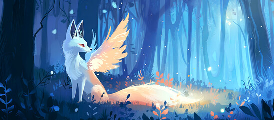 Naklejka premium Illustration of fox with wings in the magic forest. Banner. Bibi from Asian Mythology.