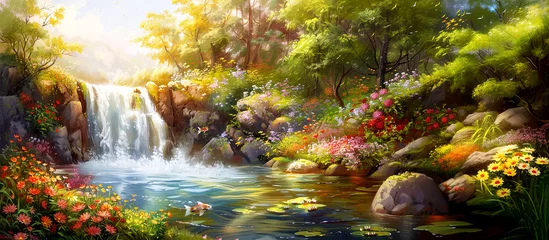 Foto auf Alu-Dibond Landscape with waterfall and fish, spring flowers, green grass. Painting of summer. Panorama © bit24