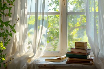Breezy scene of an open window with sheer curtains, sunlight, and a stack of books on the windowsill.