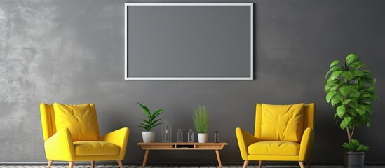 A modern living room in a house with two yellow chairs, a rectangle picture frame on the wall, and a sleek interior design style
