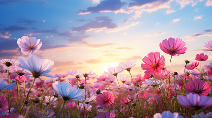 Meadow cosmos flowers. Nature wallpaper background.