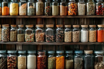 Well-organized pantry shelves with glass jars filled with various dried goods and grains.