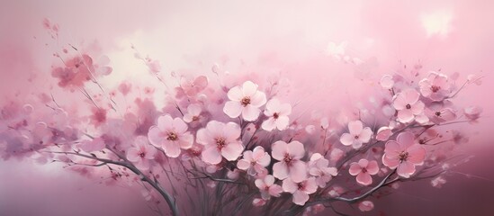A painting depicting a cherry blossom tree with pink flowers on a matching pink background. The...