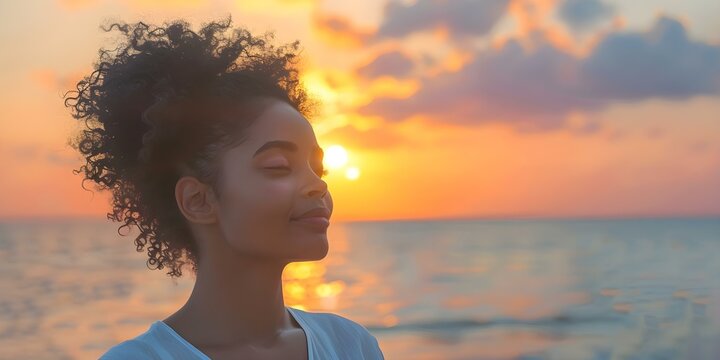 A peaceful Black woman embraces the beauty of a sunset by the sea. Concept Portrait Photography, Sunset Views, Nature Beauty, Outdoor Portraits, Black Woman Portrait