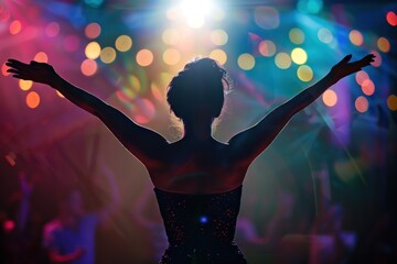 Silhouette of a female singer on stage with arms raised, facing a crowd illuminated by soft concert...