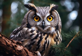 Obraz premium Photo of a diamond owl perched on a branch in an old growth forest. The creature has grey and white feathers with black stripes around its eyes.