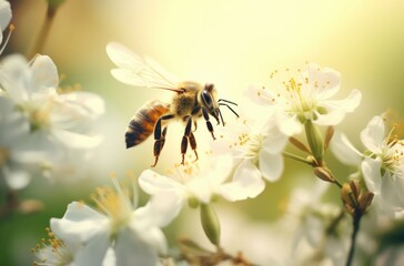 close-up shot of an ancient honey bee flying towards white flowers.