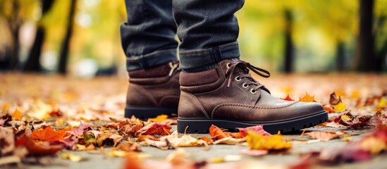 A person is standing on a pile of leaves wearing brown boots. The leaves are covering the ground, which could be grass, asphalt, or wood flooring. The persons legs are partially hidden in the leaves - Powered by Adobe