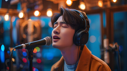 Asian handsome male singer singing in recording studio, generative AI
