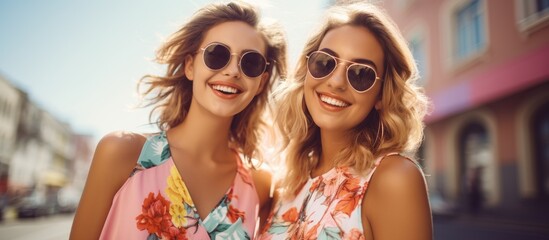 Two happy women with stylish sunglasses are enjoying a fun day out on the city streets. Their hair...