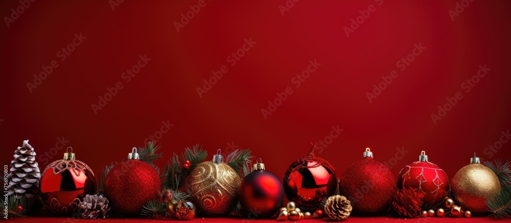 Poster a line of red and gold christmas decorations set against a vibrant red backdrop, creating a festive 