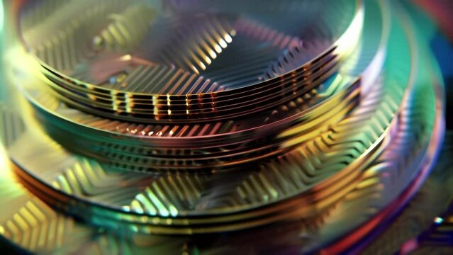 A Large Stack Of Metallic Plates Each With Patterned Zigzagging Grooves On Its Surface Are Seen Through A Microscope Lens. These Plates Are Part Of A Thermoelectric Generator