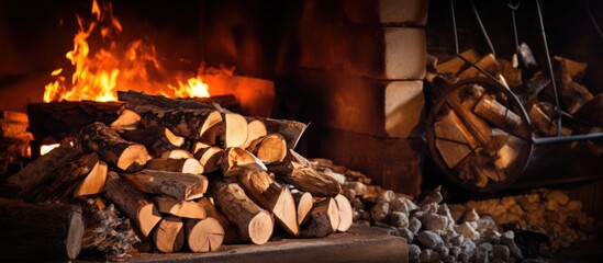 A stack of hardwood is positioned beside a gas fireplace, ready to provide heat for cooking delicious cuisine during the upcoming event