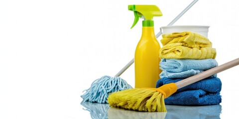 Set of cleaning tools and supplies including a yellow spray bottle, blue mop, brushes, and microfiber cloths on a reflective surface. Place for text