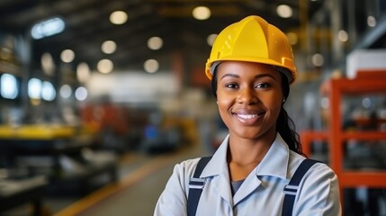 The warehouse scene is anchored by a woman in work attire and a helmet, her presence symbolizing competence and authority in the workplace. - obrazy, fototapety, plakaty