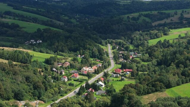 Beautiful Landscape Road Forest Mountains Bieszczady Bircza Aerial View Poland