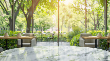 Empty white stone marble table top and blurred green park background.