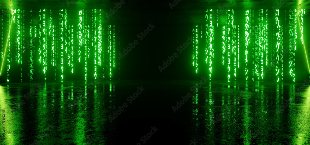 Wall mural sci fi cyber futuristic neon vibrant green lasers lights matrix code rain glowing in grunge dark cem - Wall murals