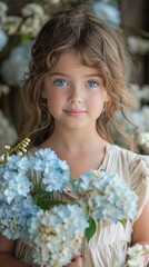 Child with blue eyes surrounded by white flowers.  Beauty and skincare advertising, child portraiture. AI Generated.