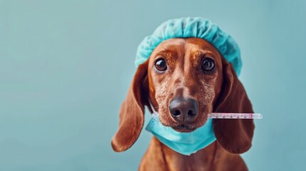 A dachshund dog dressed in a medical cap and mask holds a thermometer in its mouth to measure...