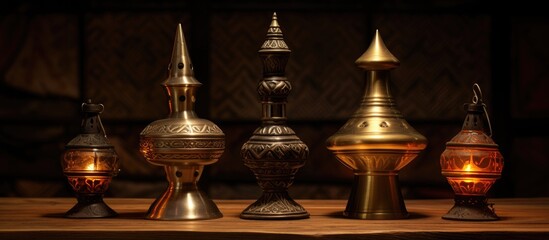 Obraz premium A collection of metal and wood candle holders displayed on a rustic wooden table, creating a symmetrical and artsy still life arrangement for a special event