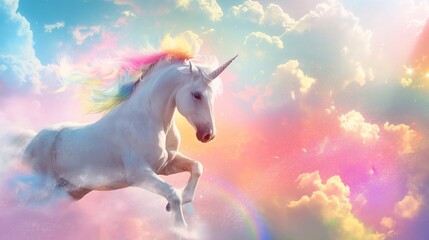 Obraz na płótnie Canvas Fabulous beautiful white unicorn with a rainbow mane running cheerfully through the clouds