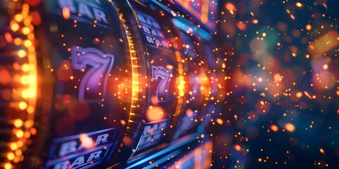 Colorful lights and flares illuminate a vibrant casino slot machine backdrop. Concept Casino Slot Machine, Colorful Lights, Vibrant Backdrop, Illuminated Flares