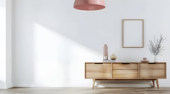 Retro pink ceiling lamp above a wooden sideboard in a modern living room interior with an empty white wall and copy space. Place for your sofa