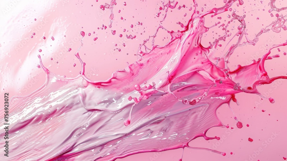 Poster dynamic paint splashes dance across a pink and white canvas, creating an abstract background