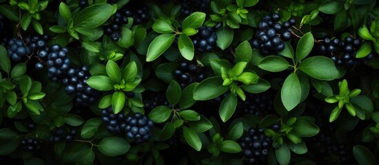 A shrub bearing clusters of blackberries, a fruit native to terrestrial plants. Its green leaves provide groundcover, complementing the electric blue berries - Powered by Adobe