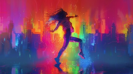 Portmann dancing out at a city skyline build out of cubic waveforms, drawings and sketches, in the style of collage-like compositions, complimentary neon colors 