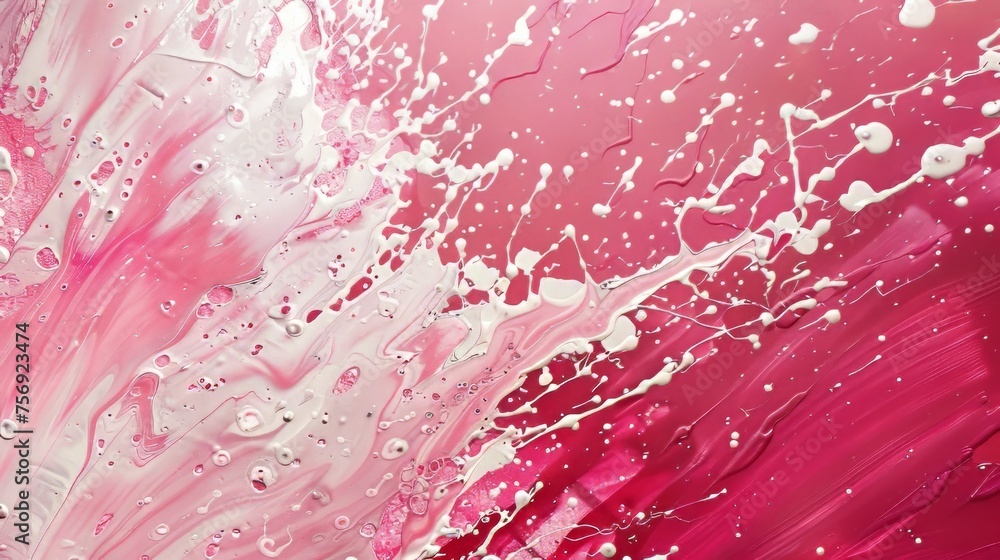 Poster dynamic paint splashes and streaks dance across a vibrant pink and white canvas, creating an energet