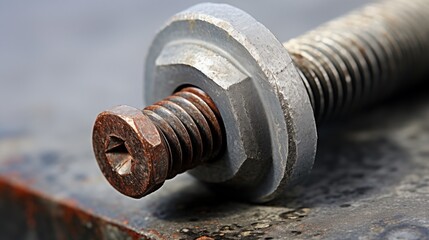 Close-up view providing detailed insight into the rusty old bolt head, showcasing its weathered and corroded condition at close range inspection.
 - obrazy, fototapety, plakaty