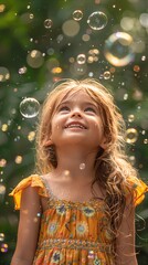 Child admiring bubbles in sunlight, nature background. Application Area: Children’s toys and games, outdoor activities, summer catalogues. AI Generated.