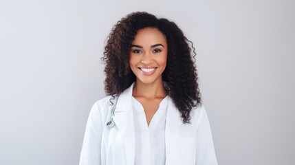 An Afro American woman in a white medical coat smiles, exuding approachability and professionalism on a gray backdrop.