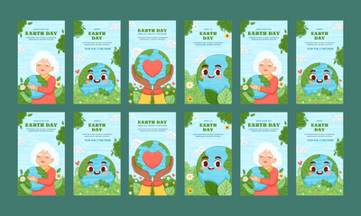 happy earth day social media stories template vector design set