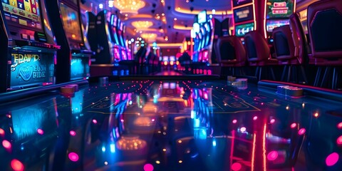 Stunning casino backdrop with glamorous neon lights creating an electrifying atmosphere. Concept Casino Theme, Neon Lights, Glamorous Atmosphere, Photobooth Setup, Electrifying Backdrop,