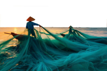 fishermen are spreading nets in the sea, transparant background, PNG file