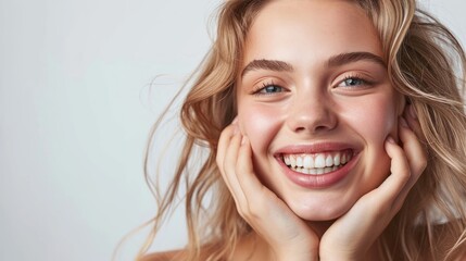 The girl's beaming smile accentuates her flawless, well-maintained teeth, exuding warmth and joy.