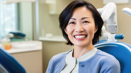 Fototapeta premium Healthy smile: An Asian woman beams with beautiful teeth in a dentist's chair, reflecting dental wellness and a vibrant smile