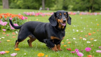 Black and tan long haired dachshund dog in flower field