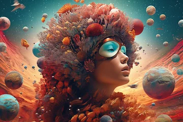 Tragetasche Abstract fine-art and pop-art illustration colorful collage of woman in surreal and abstract cosmic background. Surreal and minimalist looking illustrative art with many details and patterns © Rytis