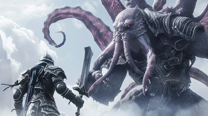 3D image of a warrior in Daedric armor, wielding an enchanted sword, being observed by Cthulhu from the sky - obrazy, fototapety, plakaty